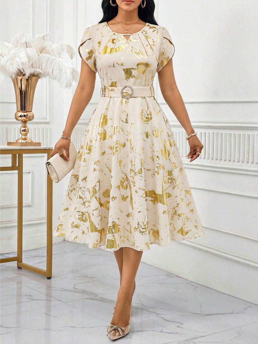 SHEIN Lady Women's Elegant Foil Floral Print Petal Sleeve Dress, Summer - Multicolor - View 1