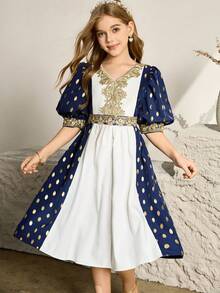 Flower Girl & Big Girl High-End Palace Style Gold Foil Puff Sleeve Elegant Party Summer Dress,Navy Blue And White Embroidered Princess Formal Gown - Blue - View 7