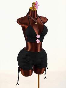 Amplova 2026 Textured Fabric Front & Mid-Low Bust, Backless Top With Pleated Waist Shorts, Women 2 Pieces Set - Black - View 11