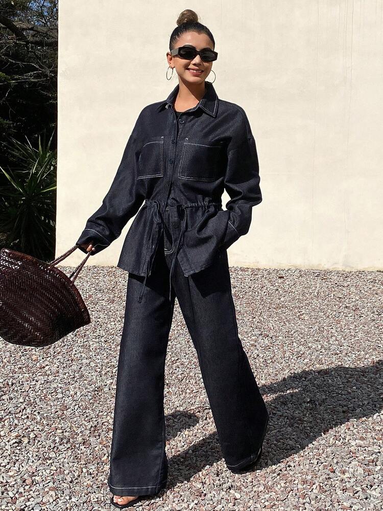 Spring & Summer Loose Casual Resort Style Shirt And Wide Leg Jeans Old Money Luxury Women Denim Set Vacation Outfits Women