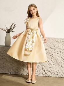 女童优雅香槟色缎面印花修身正式连衣裙，适合晚宴、派对、圣诞节、万圣节、婚礼、舞会、毕业典礼、返校季及其他场合。 - 香檳色 - 查看 9