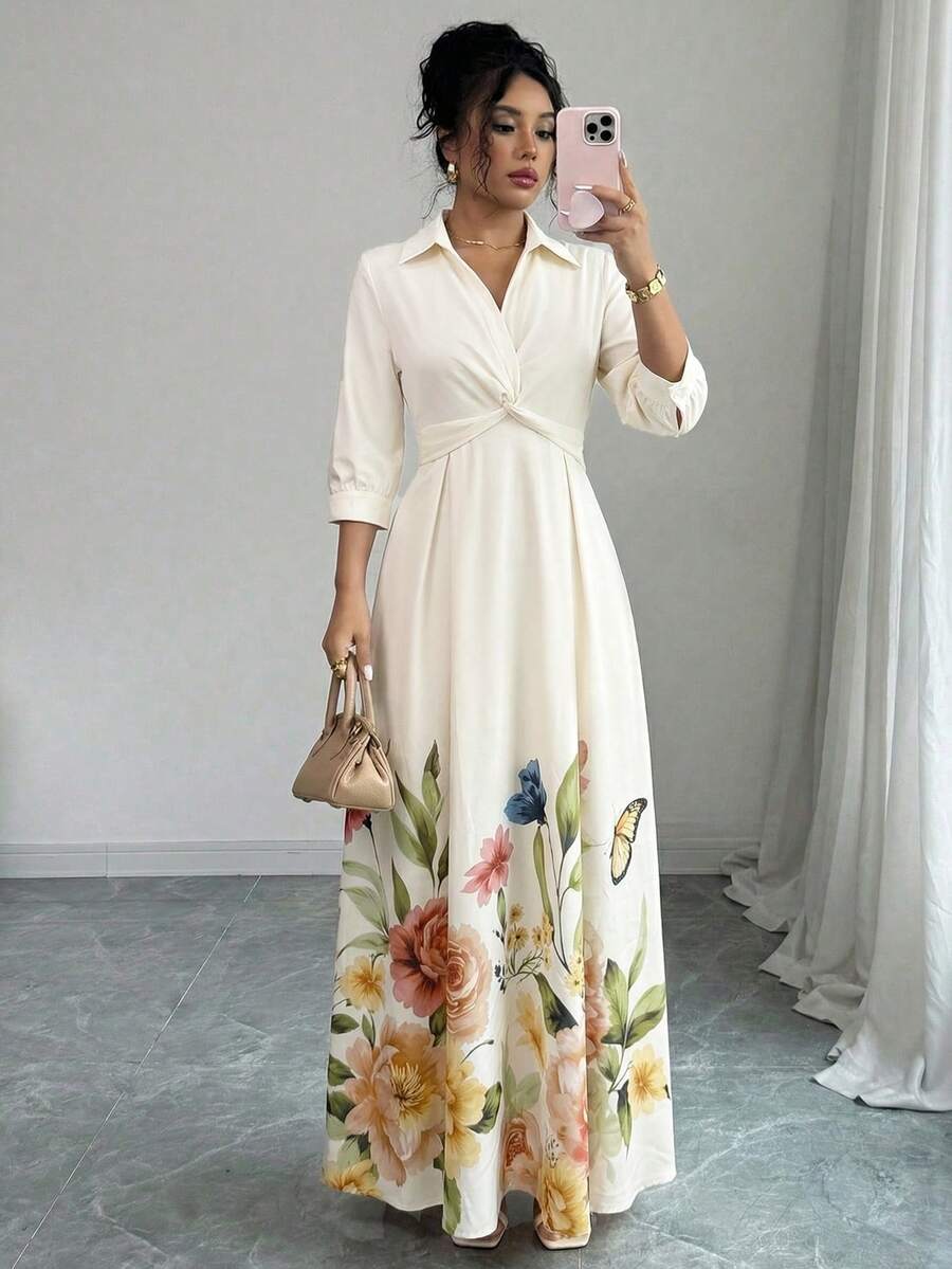 Elenzga Elegant Romantic Precise V-Neck Waist A-Line Long Sleeve Printed Dress, Suitable For Vacation - Multicolor - View 1