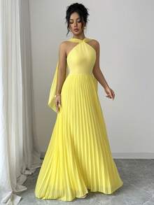 Selianne New Summer Vacation Dress, Halter Neck Sleeveless Flowy Tie Waist A-Line Dress, Pleated Dress, Pale Yellow Dress, Women's Wedding Guest Dress, Suitable For Vacation, Wedding Season, Valentine's Day, Gathering, Party - Light Yellow - View 4