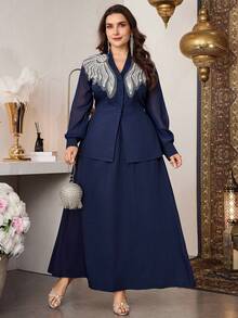 Modelyn Plus Size Women's New V-Neck Elegant Pearl Embroidered Applique Waist Cinching 2 Pieces Set - Navy Blue - View 4