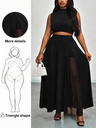 Truni Plus Size Women's Fashionable Elegant Sheer Sexy 2 Pieces Set, Suitable For Dates And Parties For 2026 New Year, For Pear & Triangle Body Shape Curve Skirt Set Maweii Plus Size 2 Piece Plus Size Two Piece Curve Two Piece Outfits Sheer Dress Plus Size