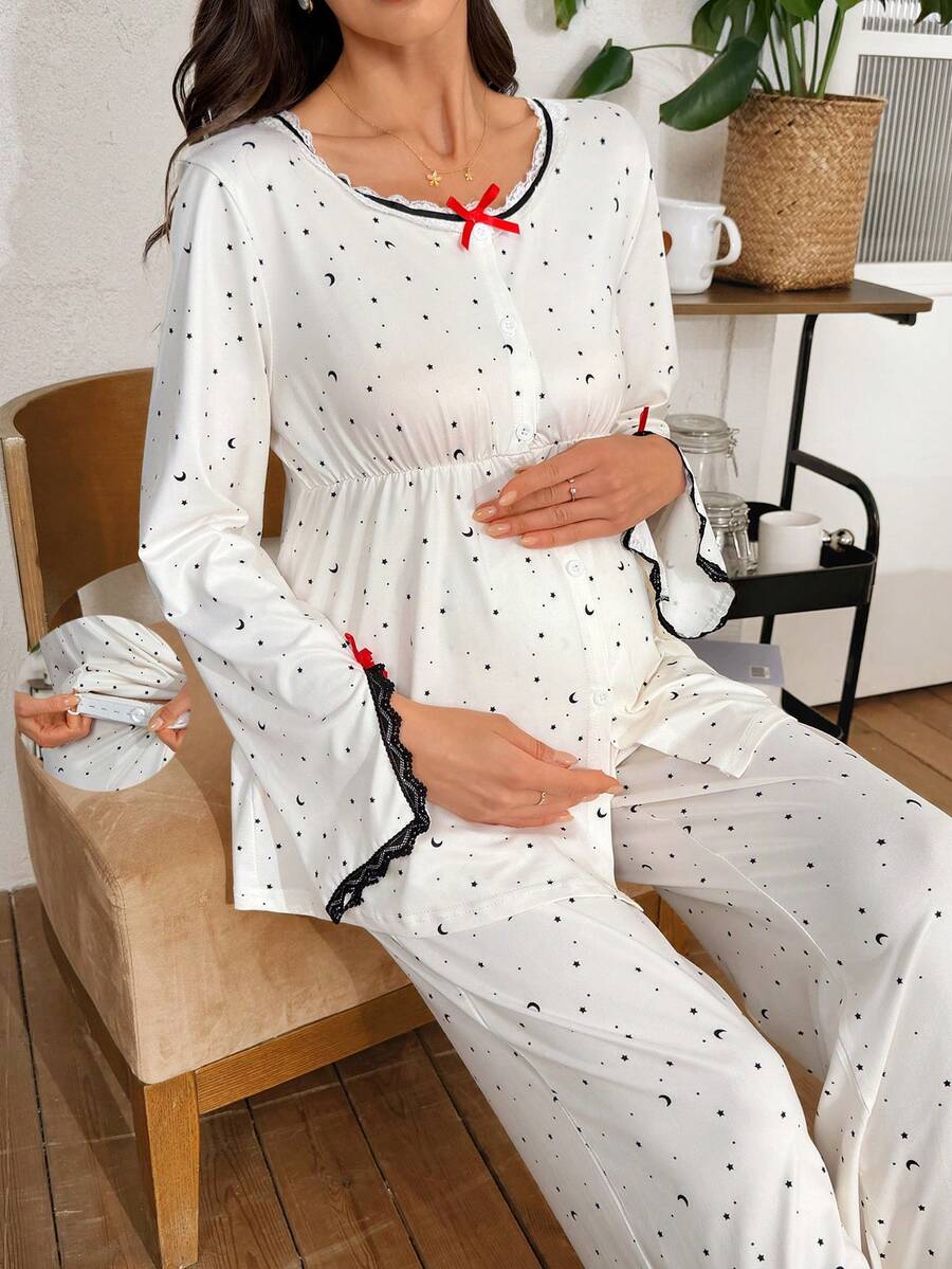 Moonlight&Mama 2pcs Lace Patchwork Maternity Sleepwear Set, Round Neck Star & Moon Print, Elastic Waist Long Sleeve Top & Pants - Apricot - View 1