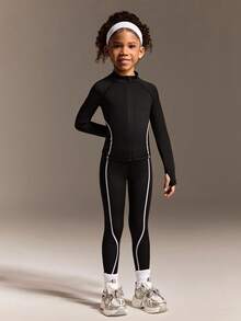 SHEIN Conjunto de chaqueta y mallas activas para niñas jóvenes, diseño de bloques de color negro, las líneas curvas favorecen la figura, tela cómoda y de alta elasticidad, adecuado para correr, yoga, tenis, bádminton y otros deportes - Negro - Ver 3