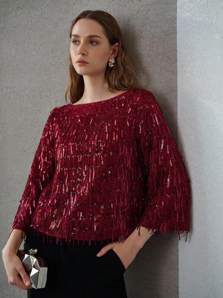 SEQUIN TASSEL FLARE SLEEVE PARTY TOP