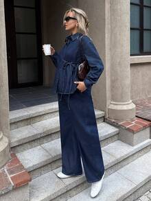 SHEIN Maternity Simple Solid Color Long Sleeve Top And Jeans Two Pieces Set, Casual Everyday Wear Spring Christmas New Year Thanksgiving Commuting Vacation Graduation Chic Y2k Cute Streetwear Coquette Party Wedding Elegant Business Casual Woman - Blue - View 4