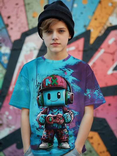 SHEIN Explorewe 男童休闲时尚创意个性清新简约蓝色游戏手柄和像素人图案印花基础款短袖T恤，舒适日常穿着，温暖夏日风格，适合春、夏、秋季穿着。