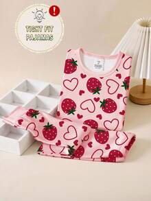 一套女童草莓爱心印花修身短袖上衣和裤子睡衣套装，春夏款 - 粉色 - 查看 4