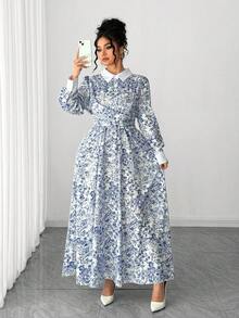 Abito camicia elegante e alla moda da donna Elenzga, con colletto, vita arricciata e stampa integrale a contrasto di colore, abito lungo con maniche lunghe in stile maxi, adatto all'autunno - Blu e Bianco - Visualizzare 7
