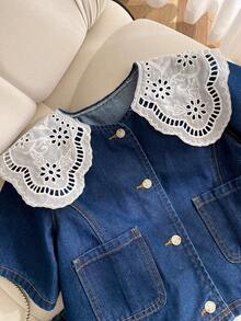 两件套少女牛仔套装，包括蕾丝领短袖牛仔上衣和宽松牛仔裙 - 藍色 - 查看 4