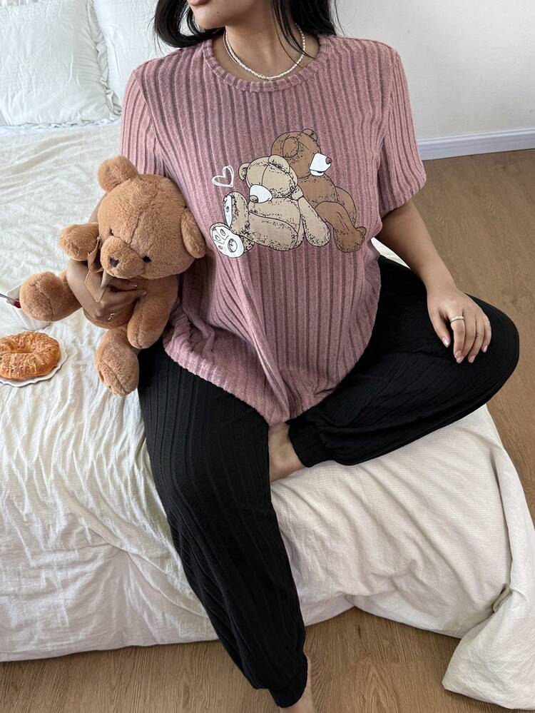 Dream Adore Cute Bear Print Round Neck Short Sleeve Pajama Set, Plus Size - Multicolor - View 3