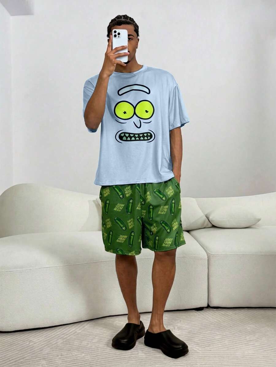Rick and Morty X SHEIN 男士卡通印花圆领上衣和短裤家居服套装，夏季 - 藍色 - 查看 1