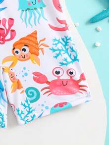 SHEIN بدلة سباحة قصيرة الأكمام للأطفال الصغار بطبعة سلحفاة بحرية كرتونية، مناسبة للشاطئ والمسبح في فصل الصيف - متعدد الألوان - مشاهدة 6