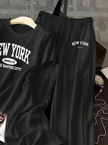 Resyla 女士字母印花圆领短袖褶皱T恤和阔腿裤休闲两件套 - 黑色 - 查看 3