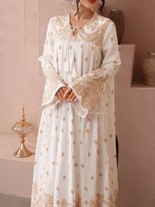 SHEIN Najma 波西米亚风宽松印花V领流苏长袖连衣裙，度假风 - 彩色 - 查看 6