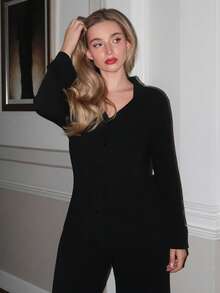 Turnttoni Leisure Stretchy Comfy Ladies' Casual Homewear Lounge Set , Black Holiday Season Cozy Outfit, Fall Winter Clothes - Black - View 5