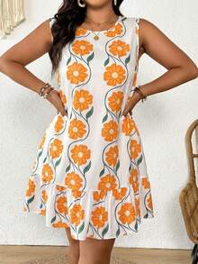 SHEIN Frenchy Plus Size Floral Print Backless Tie-Front Sleeveless Dress - Orange - View 8