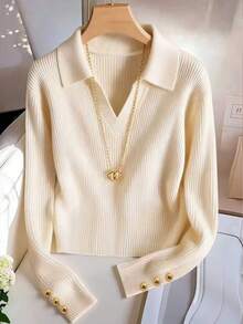 Franclia 加大码仿针织优雅舒适上衣 - 杏色 - 查看 4