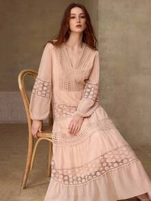MOTF PREMIUM WOMEN'S ELEGANT ROMANTIC LACE PATCHWORK DRESS, SUITABLE FOR SPRING/SUMMER DATES - Dusty Pink - View 7