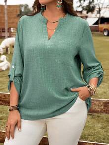 EMERY ROSE Plus Size Women's Casual Basic Roll Up Sleeve Notched Neck Blouse Fall - Mint Green - View 4