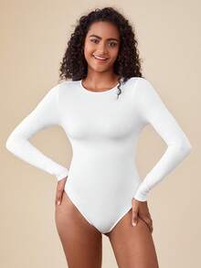 SHEIN BASICS 1pc Solid Slim Fit Tee Bodysuit/Spring - White - View 6