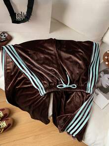 Comfortcana 女士休闲裤，侧边条纹设计，棕色和薄荷蓝撞色拼接，轻薄透气，适合春夏穿着。 - 棕色 - 查看 5