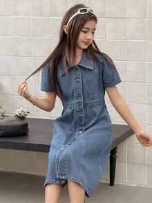 DAZY Đầm denim tay ngắn cổ bẻ cho bé gái tuổi teen, thích hợp cho mùa thu. - Màu xanh lam - Xem 6