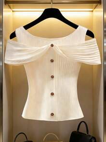 GlowEve Women's Elegant Solid Color Off-Shoulder Button Decorated T-Shirt, Summer - Apricot - View 3