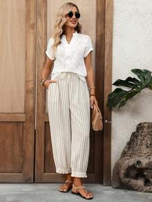 EMERY ROSE Women's Casual Vacation & Commute Striped Print Drawstring Waist Slant Pocket Loose Straight Leg Pants Summer Vacation Outfits Women Summer Holiday Outfits Vacation Outfits For Women Boho Pants Wide Leg Summer Pants Pleated Pants Tassel Pants - Coffee Brown - View 7