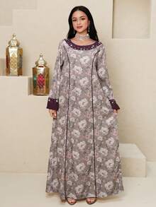 Al Najma Women's Floral Print Rhinestone Decor Round Neck Long Sleeve Elegant Arabic Style Maxi Dress - Multicolor - View 4