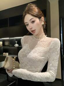 DAZY Women's Fuzzy Lace Patchwork Long Sleeve T-Shirt, Suitable For Autumn/Winter, Party, Back To School Spring - Beige - View 2