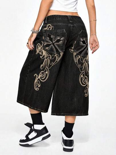 ROMWE Grunge Punk Celana Jeans Crop Top Gaya Jalanan Vintage Berpinggang Rendah dengan Bordir Silang Vintage Motif Cetak Musim Semi/Panas