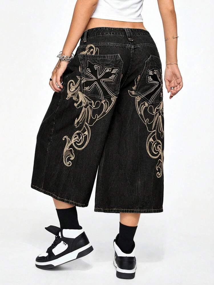 ROMWE Grunge Punk Denim cropped de cintura baixa, estilo de rua oversized, bordado vintage de vinha cruzada, caimento solto - Preto - Visão 1