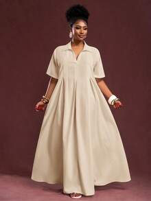 Slaydiva 春夏新款度假通勤休闲白色宽松短袖V领褶皱A字长款衬衫裙，适合大码女性，夏季连衣裙 - 杏色 - 查看 4