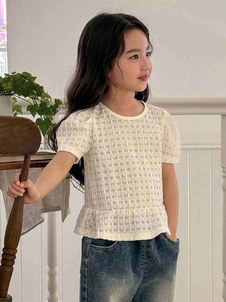 Young Girl Round Neck Bubble Short Sleeve Knit T-Shirt, Fall Summer