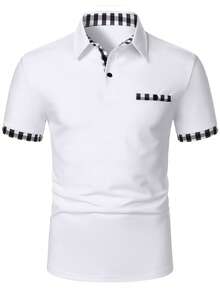 Manfinity Mode 男士格子印花纽扣休闲短袖Polo衫 男士T领T恤 男士Polo衫 男士衬衫 Polo衫 时尚设计师男士T恤 男士白色T恤 - 白色 - 查看 4