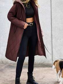 Aveloria Modichic Women's Solid Color Long Sleeve Zip Front Drawstring Hooded Casual Winter Jacket - Coffee Brown - View 6