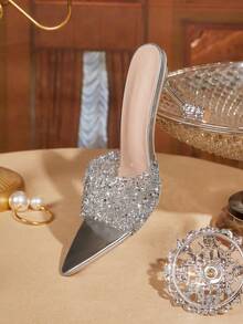 CUCCOO TILAWA Women's Summer Crystal Ankle Strap Pointed Toe Stiletto High Heel Sandals, Sexy Stiletto Heel Transparent PVC Splice White PU Party Club Shoes Valentine's Day - Silver - View 3