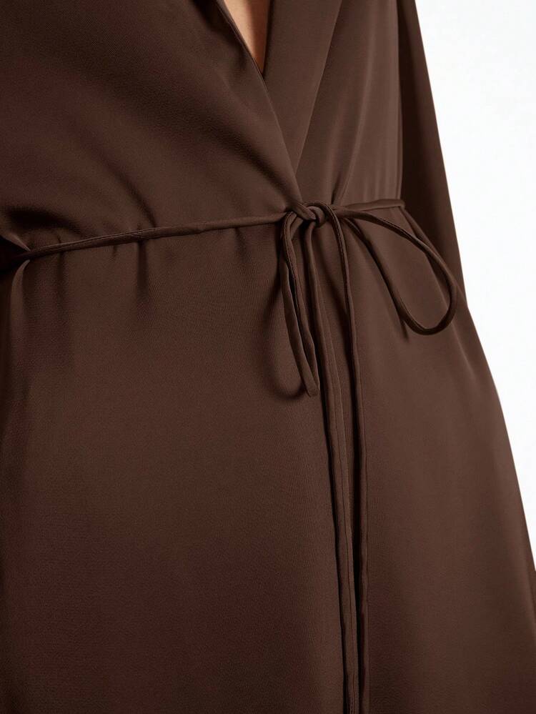 SHEIN Maija Women's Satin Solid Color Tie-Front Cardigan Long Sleeve Jacket And Elastic Waist Long Pants Casual Suit, Women's Sleepwear Two Pieces Set, Women's Casual Business Suit For Office Wear