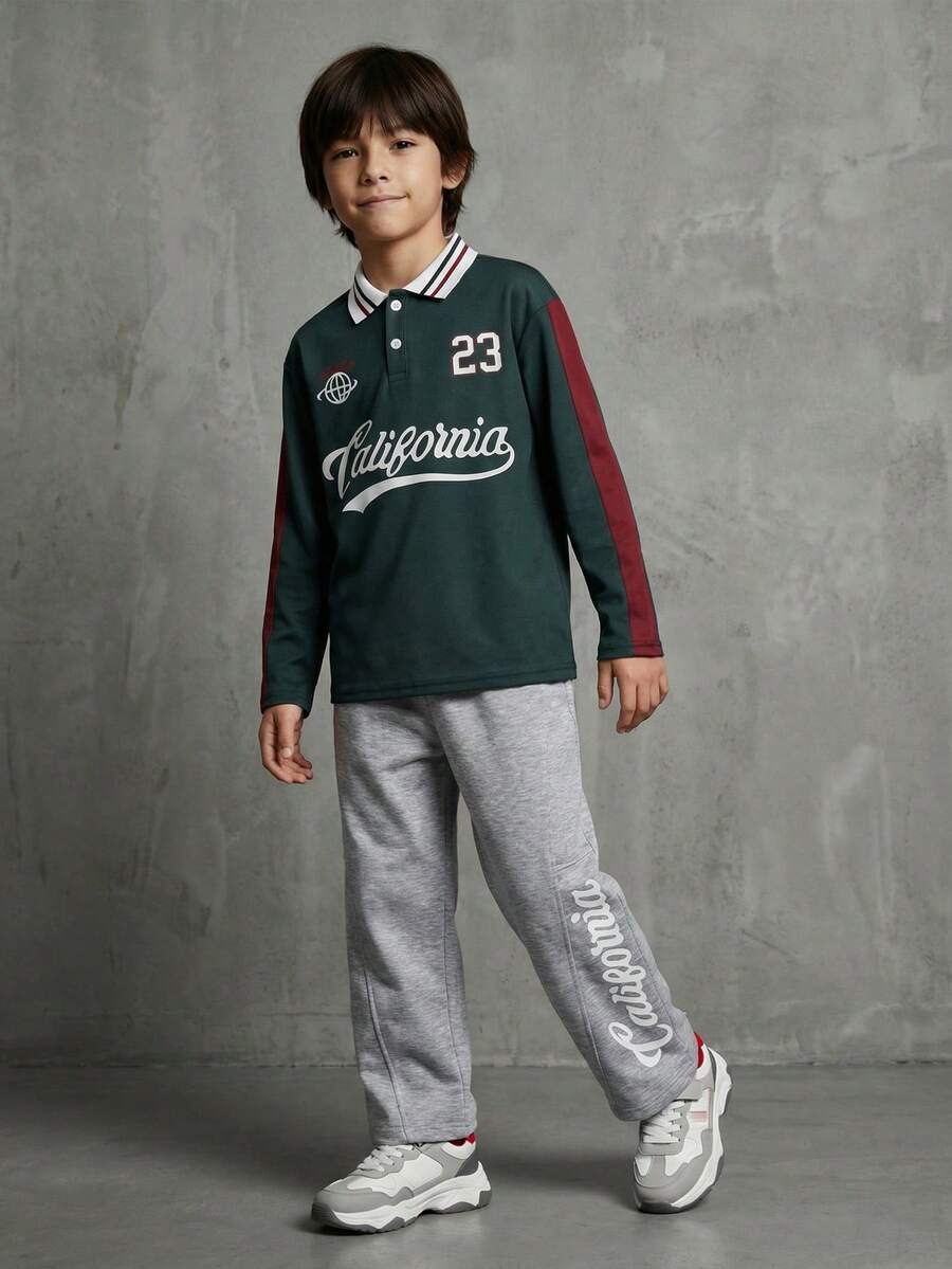 SHEIN Casuvi Kids Tween Boys Polo Shirt, Tween Boys CALIFORNIA Cursive Letter & 23 Graphic Print, Turndown Collar Half-Placket, Green/Beige/Burgundy Color Block Polo Shirt, Suitable For Everyday Wear, Comfortable And Relaxed, Suitable For Outdoor Play, Travel, School, Spring/Autumn - Green - View 1