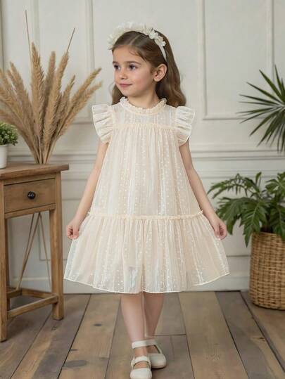 Girls Elegant Round Neck Ruffle Cap Sleeve Hollow Embroidery Jacquard Double Layer Ruffle Hem Casual Fashion Princess Dress, Suitable For Holiday Party, Vacation, Travel, Birthday Gift, Summer