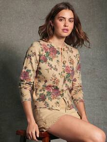 WESTFADE Floral Jacquard Crewneck Button Front Relaxed Fit Long Sleeve Cardigan Sweater Cute Fall Knit Top, Autumn, Winter, Casual - Apricot - View 3