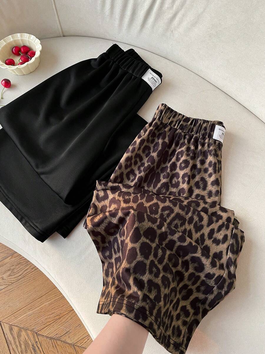 SHEIN EZwear 女士夏季休闲两件套针织运动裤套装，豹纹贴花和纯色松紧腰带 - 彩色 - 查看 1