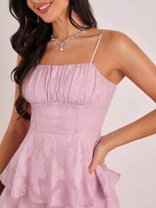 Enchnt Spring/Summer Romantic Women's Pink Jacquard Ruched Bust Layered Ruffled Camisole Maxi Dress,Sweet&Elegant For Vacation&Date&Holiday&Going Out&Valentine's Day,Spring Outfit Women - Baby Pink - View 2