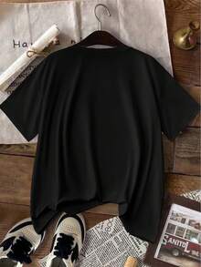 INAWLY Plus Size Casual Loose Letter Printed Short Sleeve T-Shirt Fall Cloth For Women - Black - View 2
