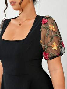 Elenzga Plus Size Women Solid Color Knit Patchwork Mesh Crew Neck Puff Sleeve Waist Cinched Elegant Dress - Black - View 5