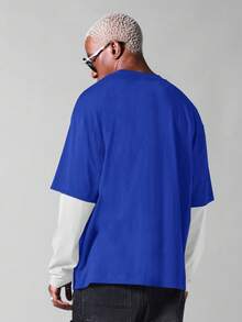 SUMWON 双层袖休闲T恤，圆领宽松版型，舒适棉混纺面料，适合春夏日常穿着，纯色款 - 藍色 - 查看 2